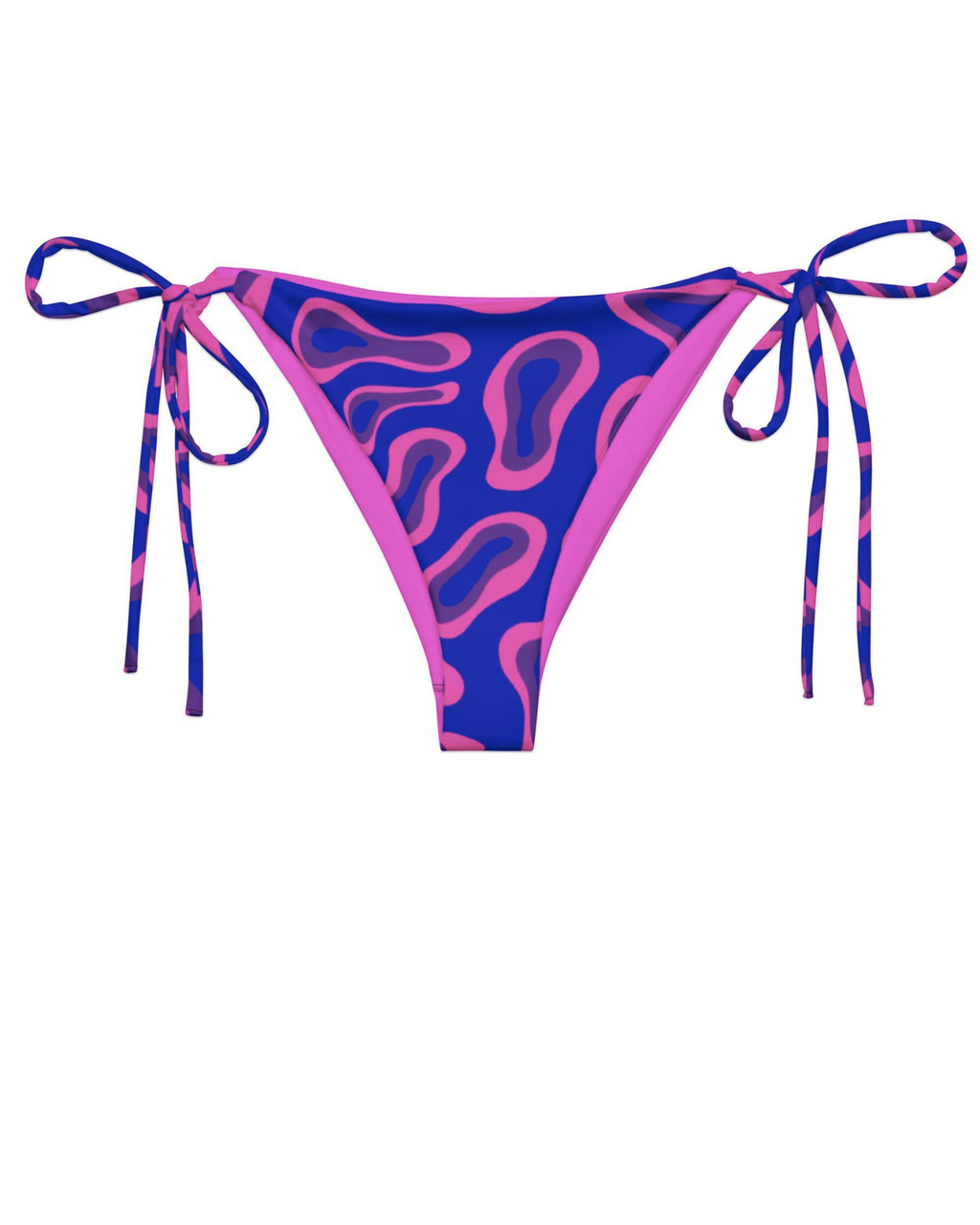 A low-rise bikini bottom with a vibrant pink and purple abstract wavy pattern, featuring side-tie straps, shown against a plain white background.