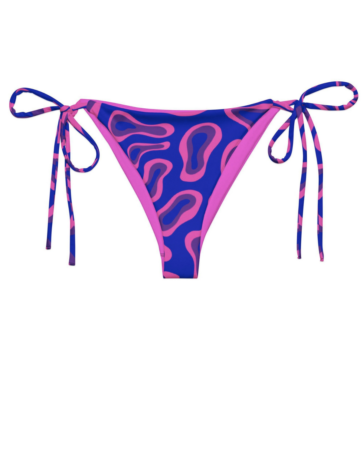A low-rise bikini bottom with a vibrant pink and purple abstract wavy pattern, featuring side-tie straps, shown against a plain white background.