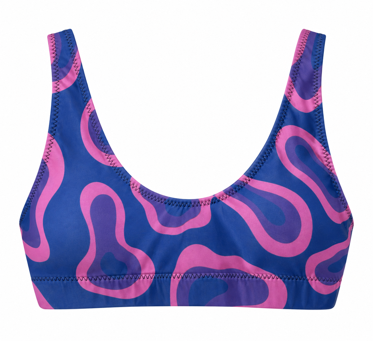 A women's sports bra featuring a vibrant blue base with a bold pink and purple wavy abstract pattern, displayed on a clean white background.