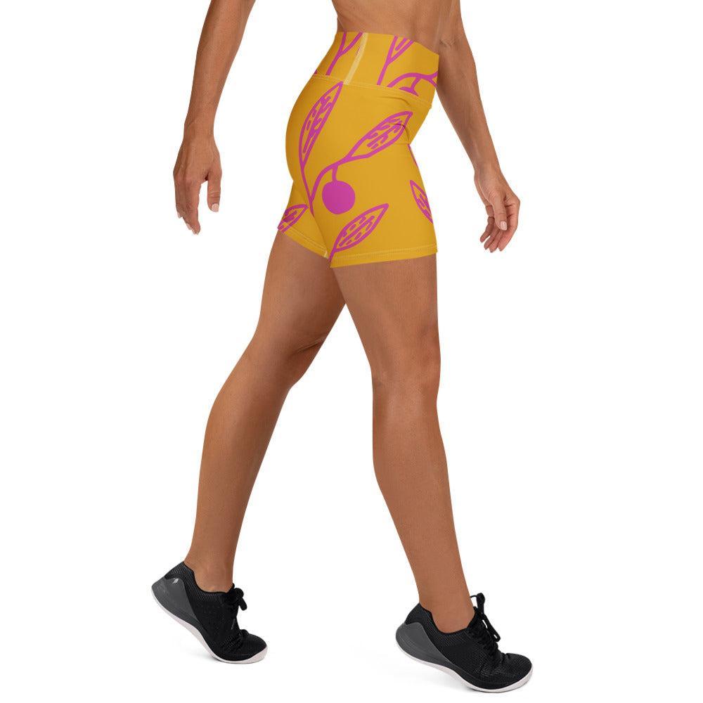 Wattle Tree Flower in Yellow Yoga Shorts-Barbara Bear-PaletTheory